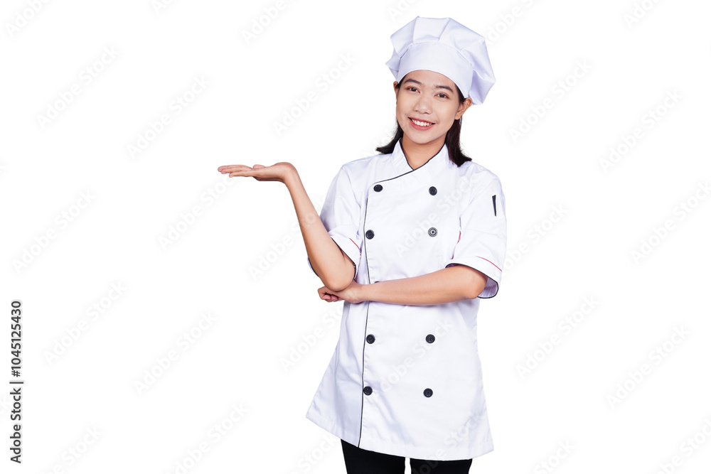 Asian woman chef in uniform showing presentation gesture isolated transparent Asian woman chef in uniform showing presentation gesture isolated transparent