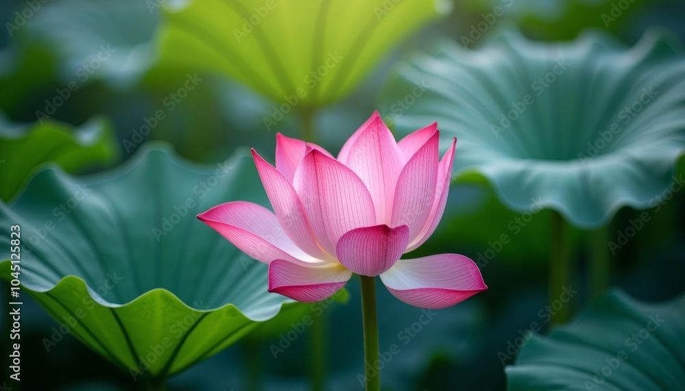 Elegance in bloom A single pink lotus flower stands out against a backdrop of lush green leaves Elegance in bloom A single pink lotus flower stands out against a backdrop of lush green leaves