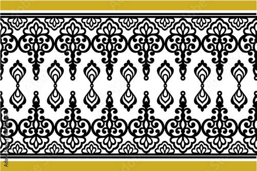 A seamless vector pattern with intricate black floral designs on a crisp white background, framed by a gold border for a luxurious touch. Ideal for textiles, wallpaper, stationery, and branding projec