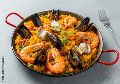 Bright and appetizing images of Spanish paella with an emphasis on fresh and colorful ingredients