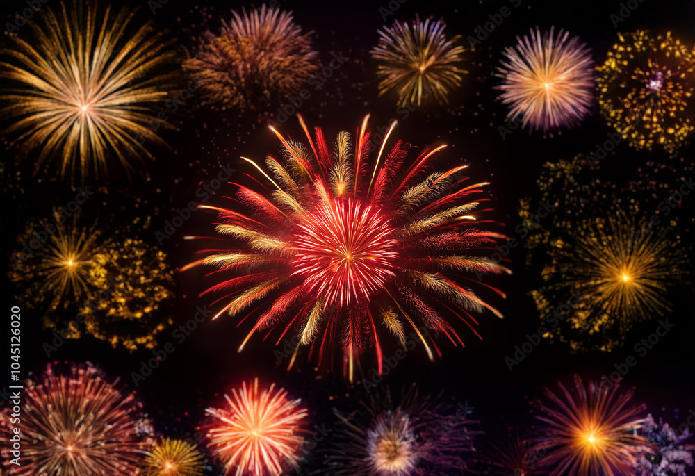 A collection of fireworks exploding in a dark sky, isolated against a black background. A collection of fireworks exploding in a dark sky, isolated against a black background.