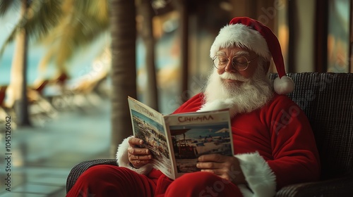 Santa Claus relaxing while reading a magazine in a tropical setting.