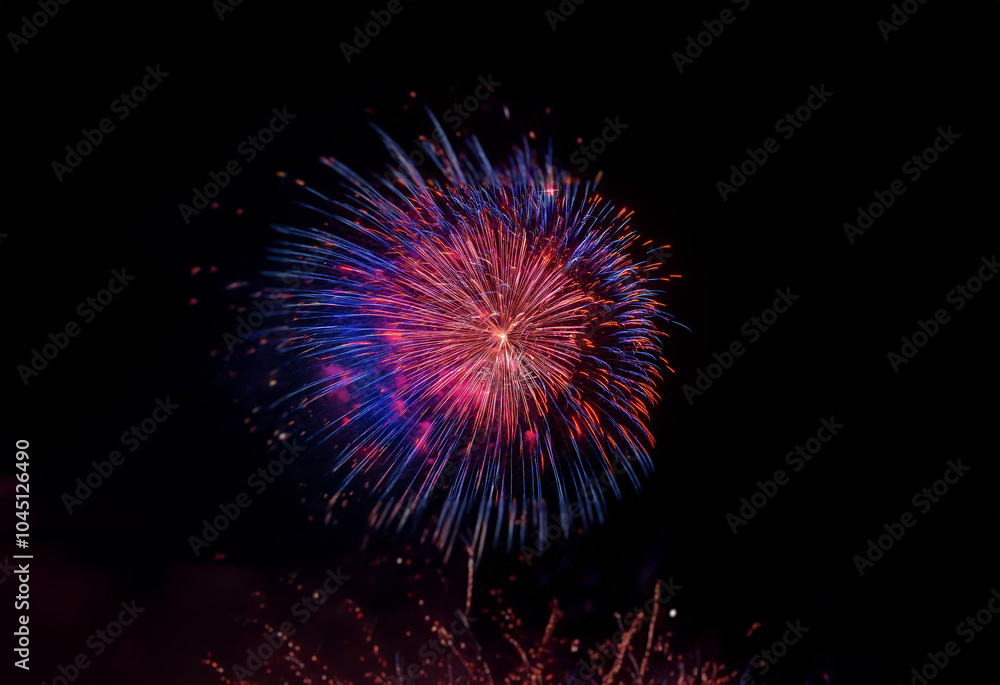 A single, vibrant firework explodes against a dark, isolated background. A single, vibrant firework explodes against a dark, isolated background.