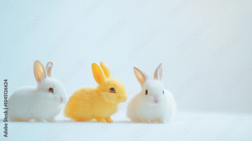 Small toy bunnies are shown against a plain white backdrop. Small toy bunnies are shown against a plain white backdrop.