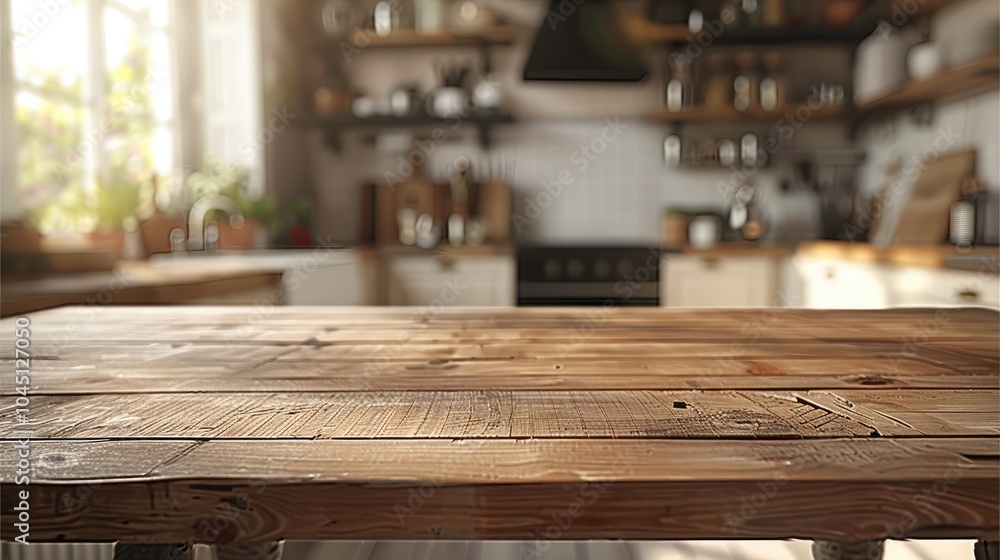A beautiful, empty wooden table top on a blurred kitchen background, suitable for product display. The wooden countertop is in focus, with the kitchen interior blurred out behind it. A beautiful, empty wooden table top on a blurred kitchen background, suitable for product display. The wooden countertop is in focus, with the kitchen interior blurred out behind it.