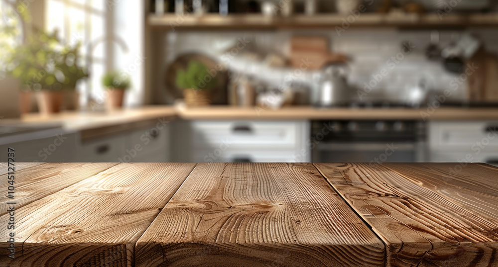 A beautiful, empty wooden table top on a blurred kitchen background, suitable for product display. The wooden countertop is in focus, with the kitchen interior blurred out behind it. A beautiful, empty wooden table top on a blurred kitchen background, suitable for product display. The wooden countertop is in focus, with the kitchen interior blurred out behind it.