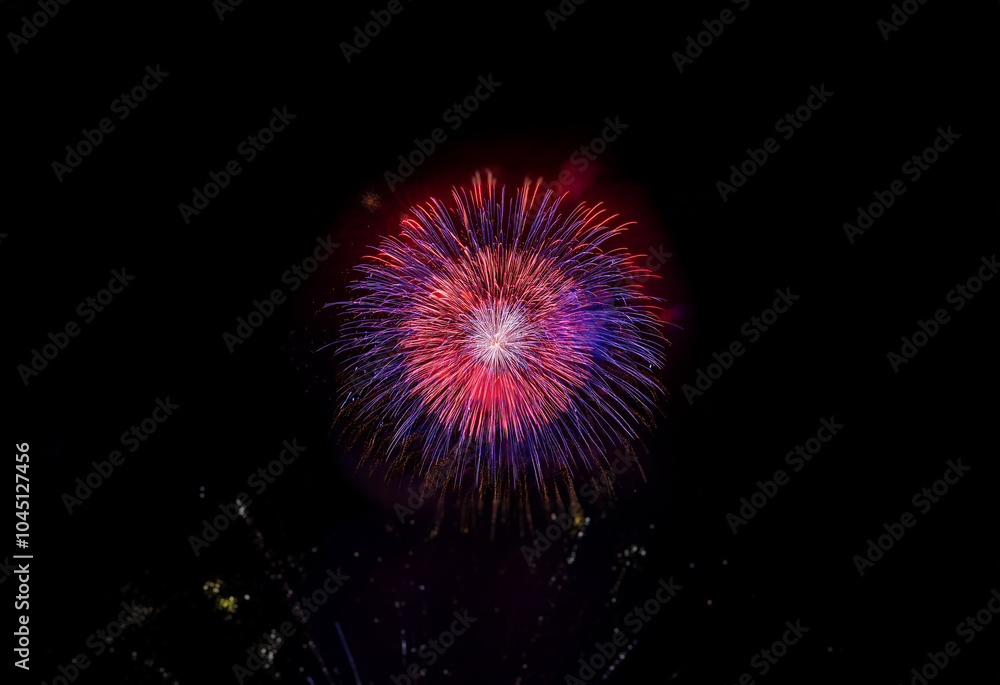 A single red and blue firework explodes against a dark background. A single red and blue firework explodes against a dark background.