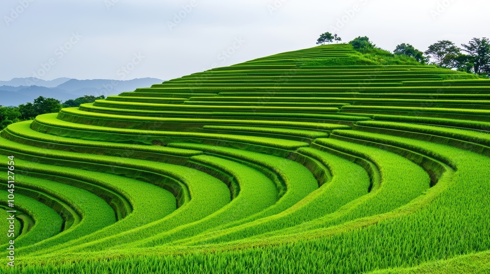Lush green rice terraces on a hillside under a cloudy sky, showcasing nature's beauty and farming methods. Lush green rice terraces on a hillside under a cloudy sky, showcasing nature's beauty and farming methods.