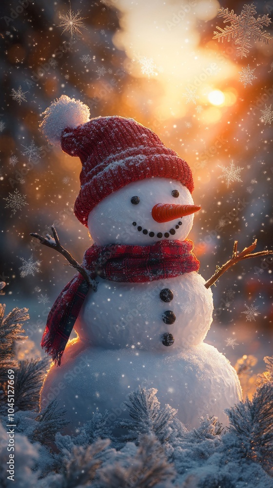 Obraz premium Snowman wearing red hat and scarf enjoying winter sunset