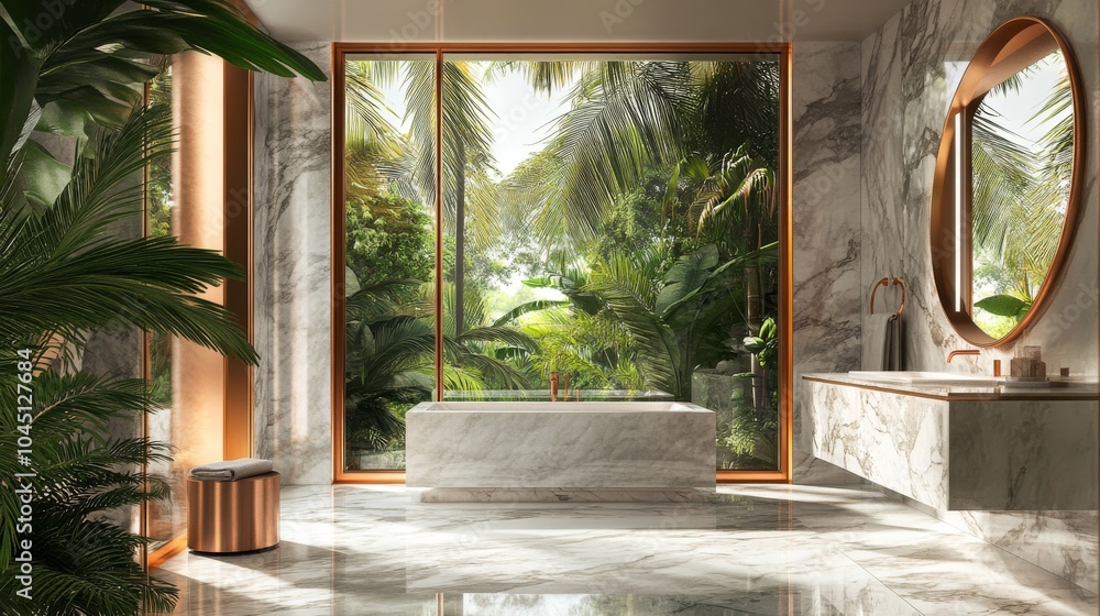 2410 74.A luxurious bathroom featuring sleek marble floors and walls, a copper-framed mirror adding a touch of elegance, with floor-to-ceiling windows that reveal a lush tropical garden, filling the 2410 74.A luxurious bathroom featuring sleek marble floors and walls, a copper-framed mirror adding a touch of elegance, with floor-to-ceiling windows that reveal a lush tropical garden, filling the