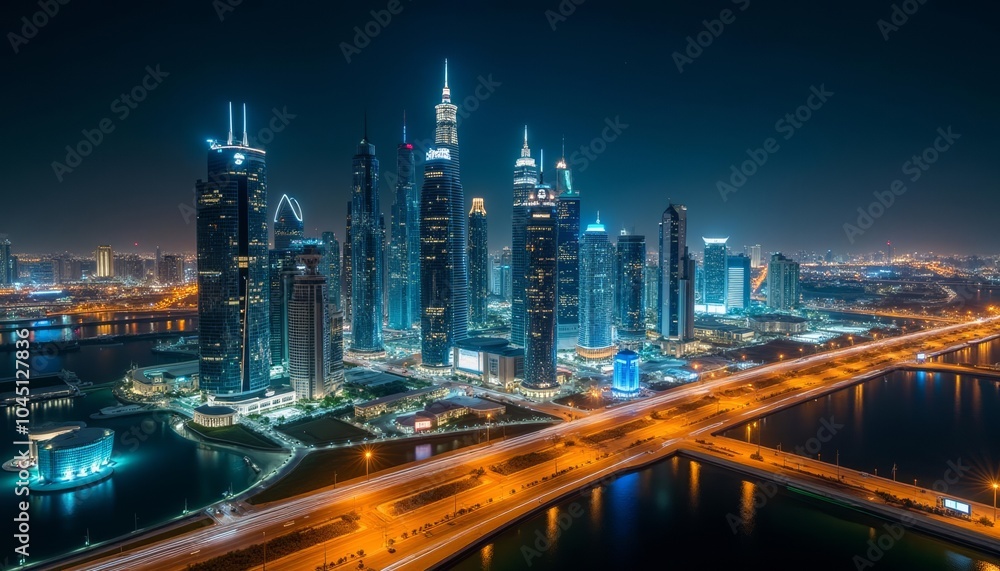 Fototapeta premium Bright Cityscape at Night Dubai United Arab Emirates