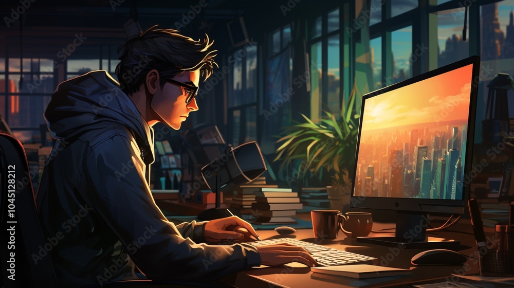 Programmer sitting at a desk, face not visible due to monitor placement Programmer sitting at a desk, face not visible due to monitor placement