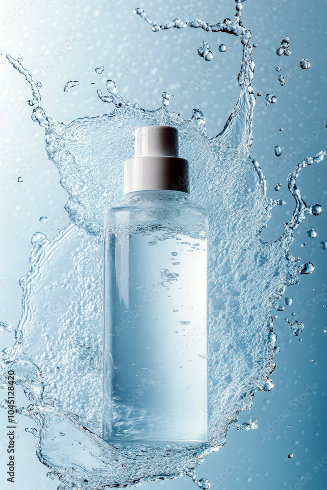 A refreshing splash of water encircles a cleanser bottle on a serene blue background A refreshing splash of water encircles a cleanser bottle on a serene blue background