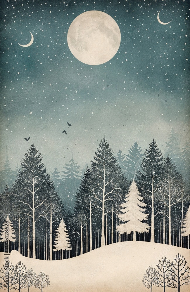 Winter solstice illustration, Nordic folk art style, frost patterns, snow-covered pine forest, wildlife silhouettes, celestial symbols, aged parchment texture, worn corners, muted winter palette Winter solstice illustration, Nordic folk art style, frost patterns, snow-covered pine forest, wildlife silhouettes, celestial symbols, aged parchment texture, worn corners, muted winter palette