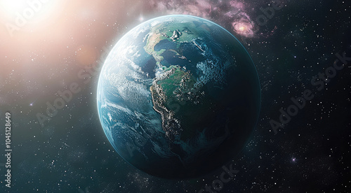 Fototapeta Naklejka Na Ścianę i Meble -  A earth like planet, with greenish atmosphere. The blue oceans cover about the half of the surface. The continents of the planet are mostly covered by deserts.