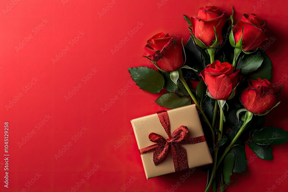 Composition with beautiful rose flowers, gift box and decor for Valentine's Day celebration on red background with generative ai Composition with beautiful rose flowers, gift box and decor for Valentine's Day celebration on red background with generative ai