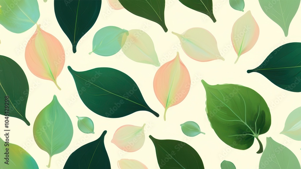 Minimalist floral composition with scattered green leaves and delicate white flowers on a soft beige background, exuding freshness and natural beauty Minimalist floral composition with scattered green leaves and delicate white flowers on a soft beige background, exuding freshness and natural beauty