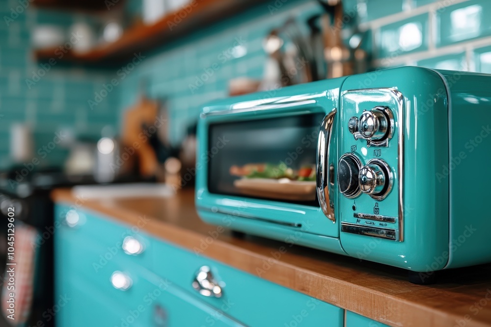 A retro teal toaster oven sits prominently on a wooden countertop in a stylish kitchen with teal backsplash tiles, exuding vintage charm and modern convenience. A retro teal toaster oven sits prominently on a wooden countertop in a stylish kitchen with teal backsplash tiles, exuding vintage charm and modern convenience.