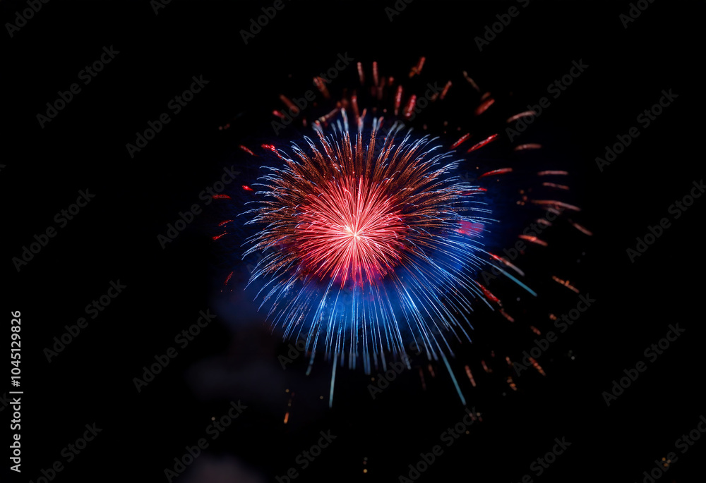 A vibrant, red and blue firework bursts against a dark, isolated background. A vibrant, red and blue firework bursts against a dark, isolated background.