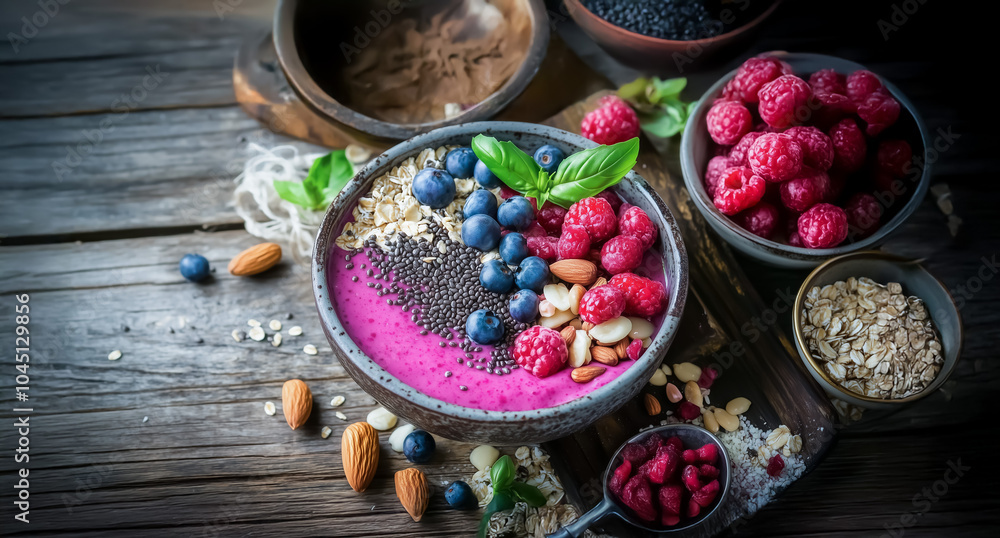 A nutrient-packed smoothie bowl featuring strawberries, bananas, pumpkin seeds, chia seeds, and mangoes, meticulously arranged to showcase fresh, wholesome ingredients A nutrient-packed smoothie bowl featuring strawberries, bananas, pumpkin seeds, chia seeds, and mangoes, meticulously arranged to showcase fresh, wholesome ingredients