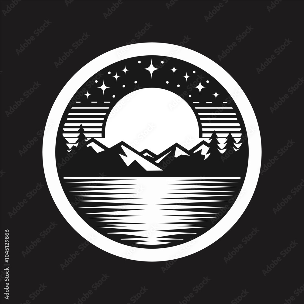 Twilight On The Lake Painting Black And White Vector Image Design. Twilight On The Lake Painting Black And White Vector Image Design.