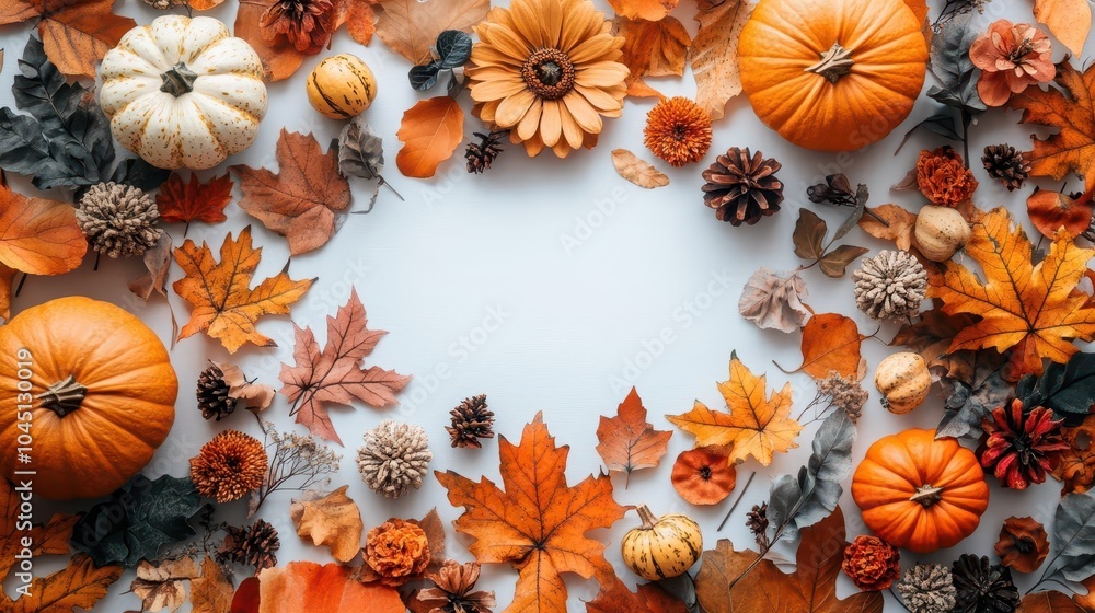 flat layout featuring dried leaves, pumpkins, and flowers on a white background, invoking a seasonal thanksgiving theme, rich in texture and autumnal colors flat layout featuring dried leaves, pumpkins, and flowers on a white background, invoking a seasonal thanksgiving theme, rich in texture and autumnal colors