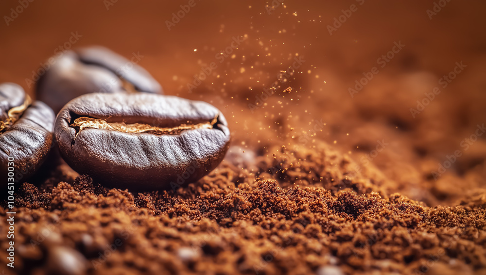 Coffee grounds flying as fresh coffee beans are being processed, showing the rich texture and vibrancy of the roasting process. Coffee grounds flying as fresh coffee beans are being processed, showing the rich texture and vibrancy of the roasting process.