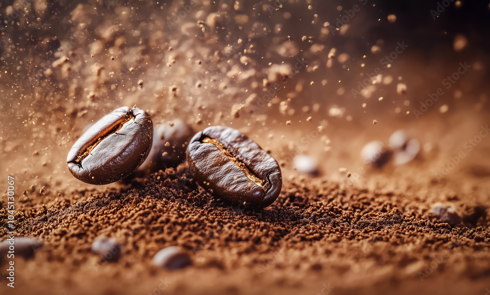 Close-up of coffee beans being ground with coffee dust particles visible in the air, creating a sense of freshness and process. Close-up of coffee beans being ground with coffee dust particles visible in the air, creating a sense of freshness and process.