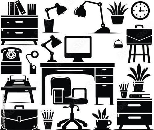 Business Hand Drawn Vector Doodle At Office Desk silhouette