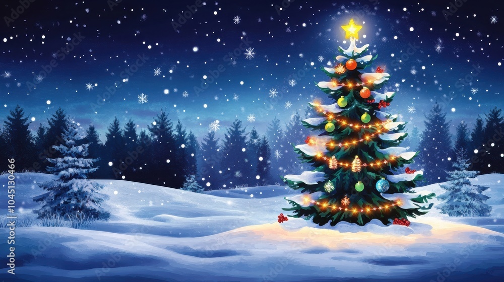 Christmas tree decorated with lights and ornaments in the winter wonderland landscape, xmas festive and lights, holiday and celebration
Christmas tree decorated with lights and ornaments in the winter wonderland landscape, xmas festive and lights, holiday and celebration