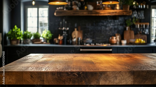 2410 34.A rustic kitchen interior with a focus on a smooth wooden countertop in the foreground, its rich texture and natural grain patterns illuminated by gentle lighting, while the surrounding