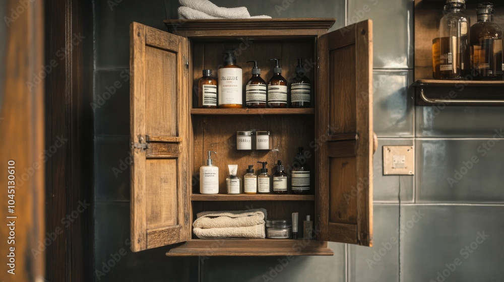 2410 98.A rustic wooden medicine cabinet in a bathroom, its mirrored door swung open to reveal neatly arranged toiletries and medicine bottles inside, the warm wood finish adding a cozy, vintage 2410 98.A rustic wooden medicine cabinet in a bathroom, its mirrored door swung open to reveal neatly arranged toiletries and medicine bottles inside, the warm wood finish adding a cozy, vintage