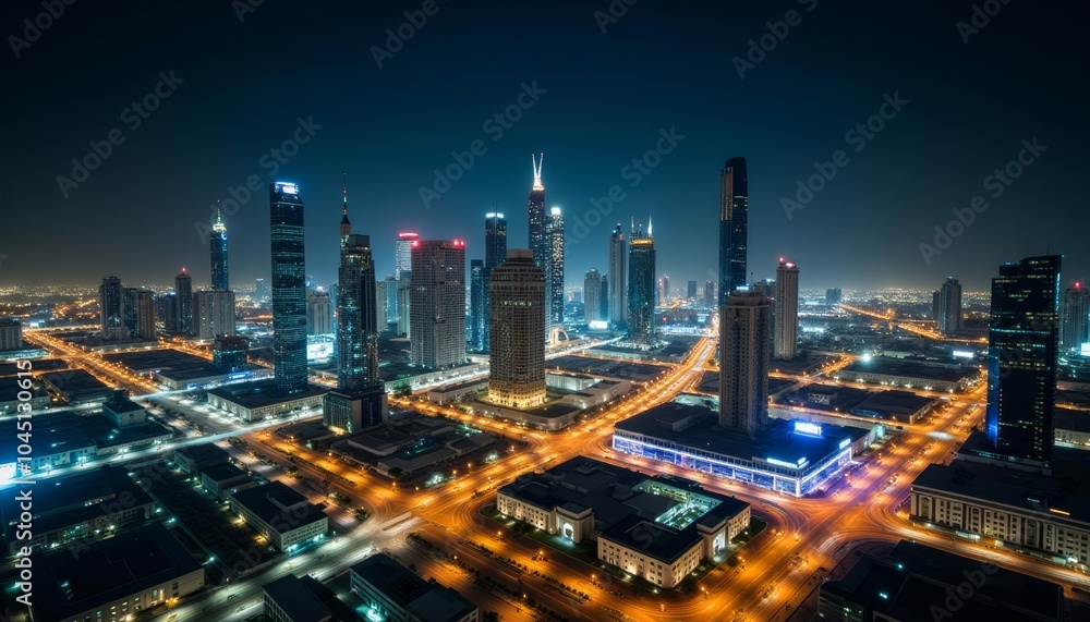 Naklejka premium Bright cityscape at night illuminated skyscrapers and streets bustling urban environment