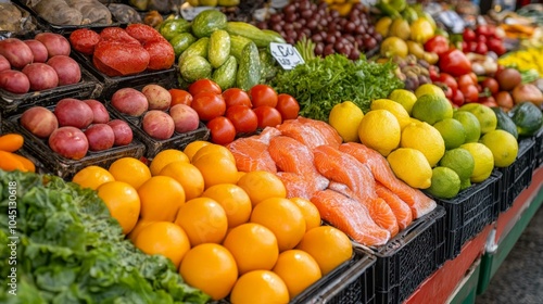 Fresh Produce and Salmon at Colorful Market Display