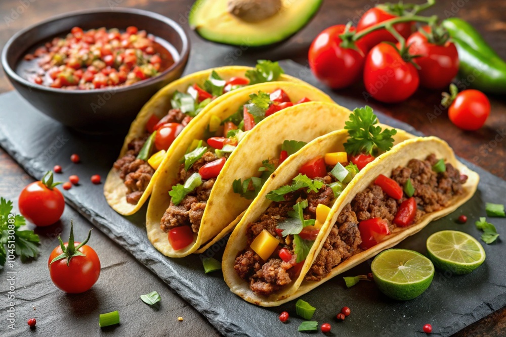Mexican food - delicious taco shells with ground beef and home made salsa Mexican food - delicious taco shells with ground beef and home made salsa