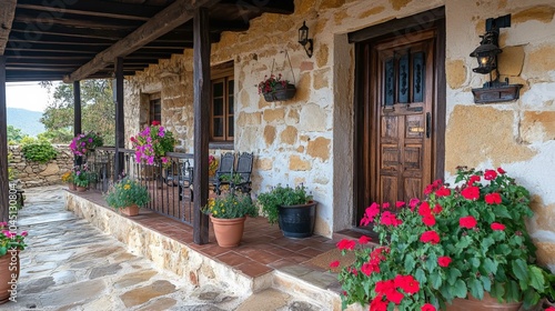 Fototapeta Naklejka Na Ścianę i Meble -   A charming stone house with a porch adorned with flowers