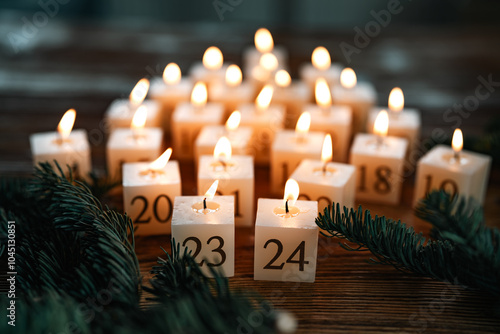 Advent calendar made of twenty four burning candles. Homemade candles from natural beeswax. Arrangement in shape of a christmas tree on dark wooden table with fir branches. Christmas background with s photo