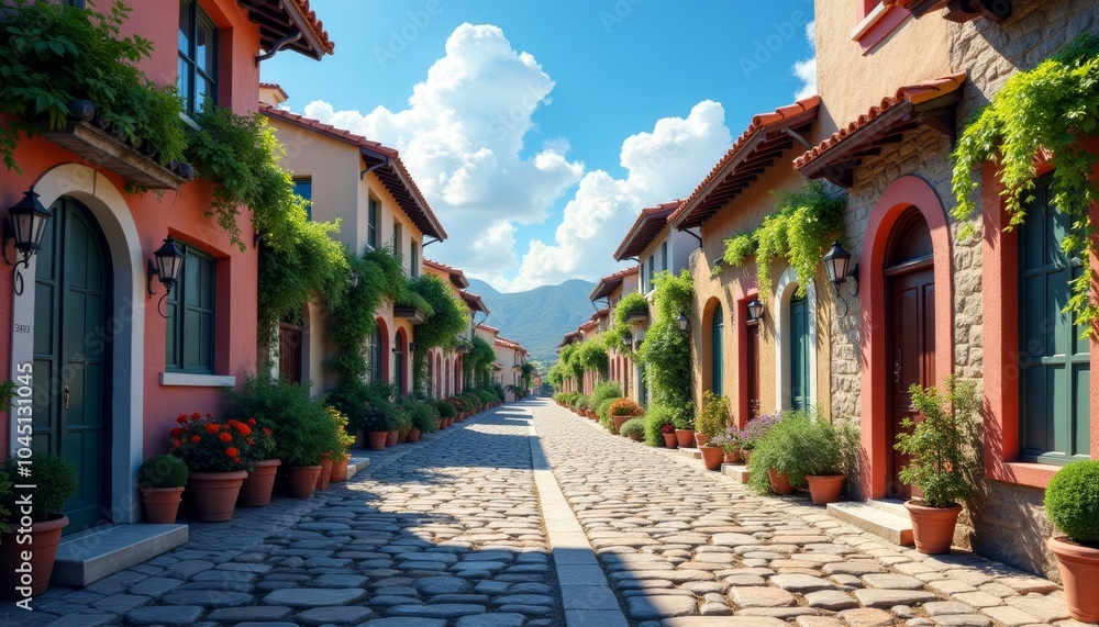 Obraz premium Charming cobblestone street lined with colorful buildings and lush greenery