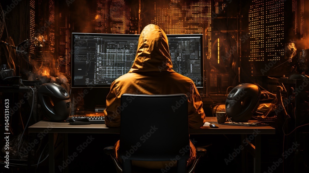 Obraz premium Developer working on code, face obscured by the back of a chair