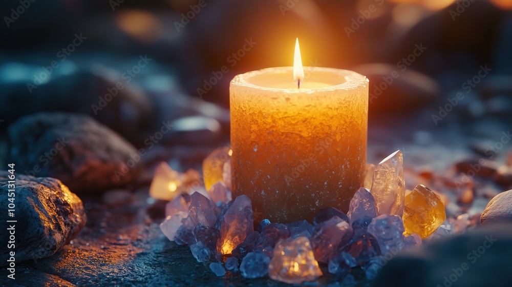 A candle is surrounded by rocks and crystals A candle is surrounded by rocks and crystals