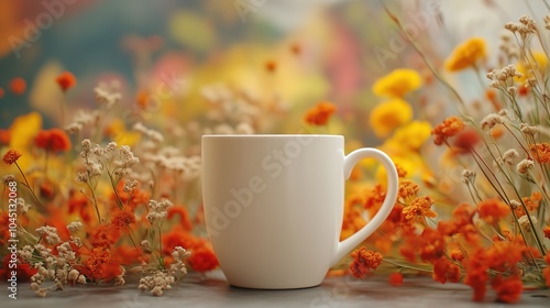 White mockup ceramic white coffe cup or mug on autumn flowers background.