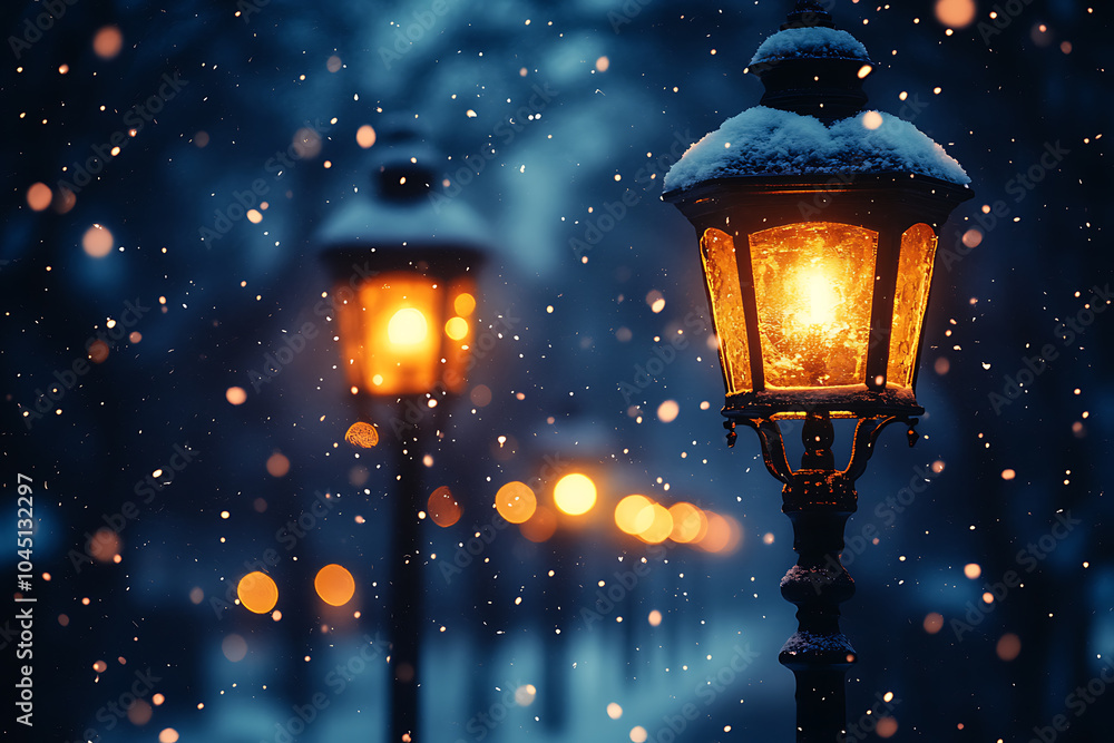 Street lamps illuminating a quiet, snow-covered street in the evening, with soft shadows and snow gently falling, creating a peaceful winter scene.

