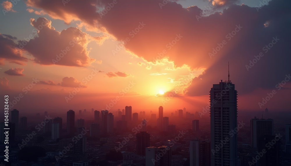 Naklejka premium Sunset over the city skyline a blend of urban and natural beauty