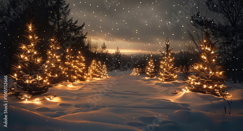 Winter landscape, a Christmas tree farm, Christmas trees with lights with big veiling glares. Warm lights on the snowy ground, reflected by the lights on the trees.