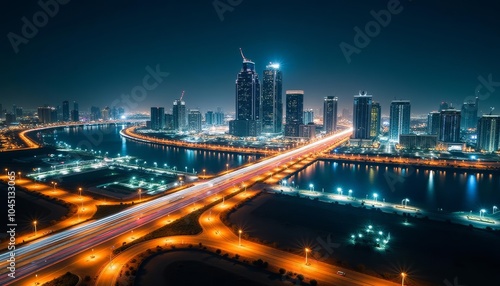  Vibrant cityscape at night illuminated by lights and reflected in the water