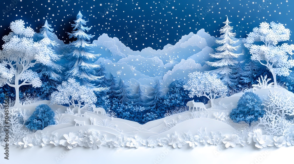 Papercut artwork of a snow-covered forest with animals gathered to celebrate the winter solstice under a starry sky Papercut artwork of a snow-covered forest with animals gathered to celebrate the winter solstice under a starry sky