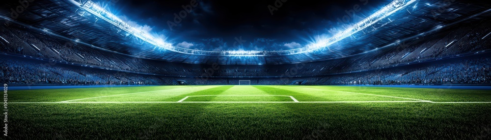 Obraz premium Stadium view with bright lights and green grass field, ready for an exciting sports event.