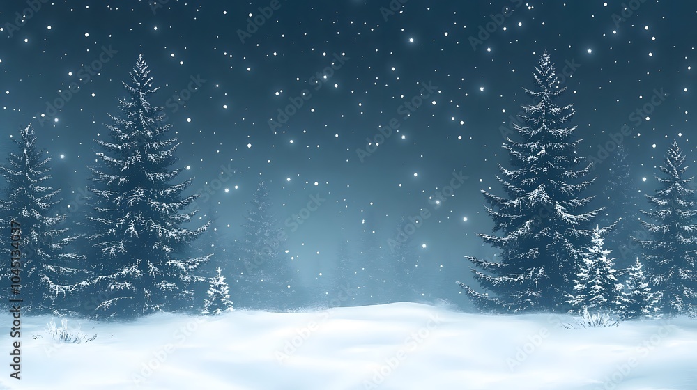 Watercolor solstice night with stars and planets visible in the clear sky, a winter landscape below covered in fresh snow Watercolor solstice night with stars and planets visible in the clear sky, a winter landscape below covered in fresh snow
