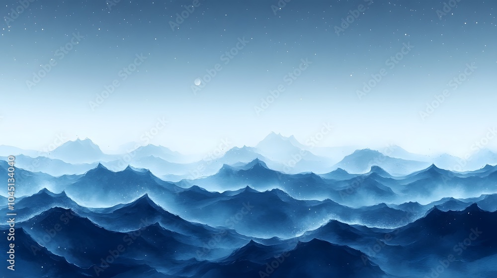 Watercolor solstice night with stars and planets visible in the clear sky, a winter landscape below covered in fresh snow Watercolor solstice night with stars and planets visible in the clear sky, a winter landscape below covered in fresh snow