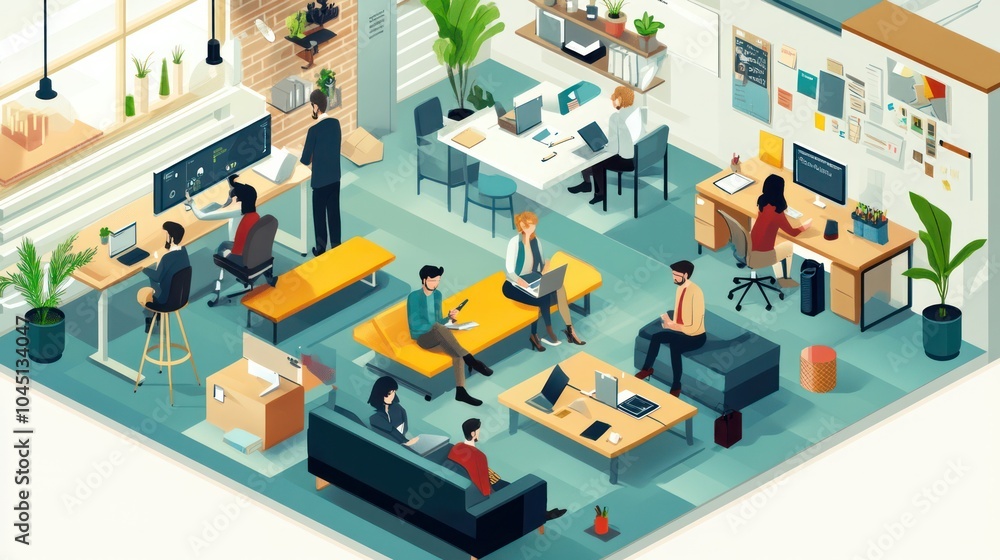 Obraz premium business team in coworking space, business team sharing a dynamic workspace with other professionals, working creatively illustrations